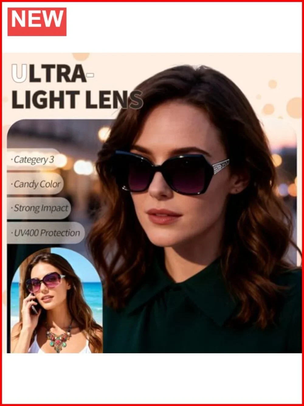 Oversized Women Sunglasses UV400 Protection 3 Pack Crystal Frame